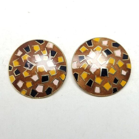 Vintage Brown Black Yellow Enamel Round Clip On Earrings, Retro 80s Style - Picture 6 of 6